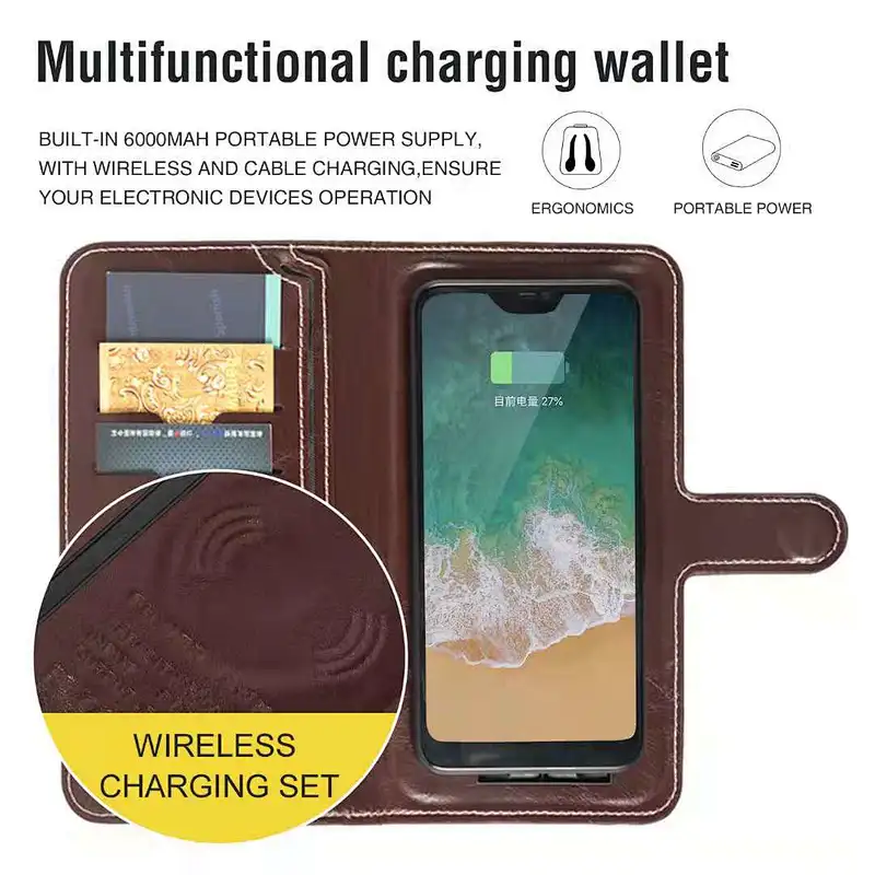 2021 New Design Multi-functional Phone Charging Wallet Money Clip Wireless Cable Built-in 6000Amh Power Bank Charging Wallet