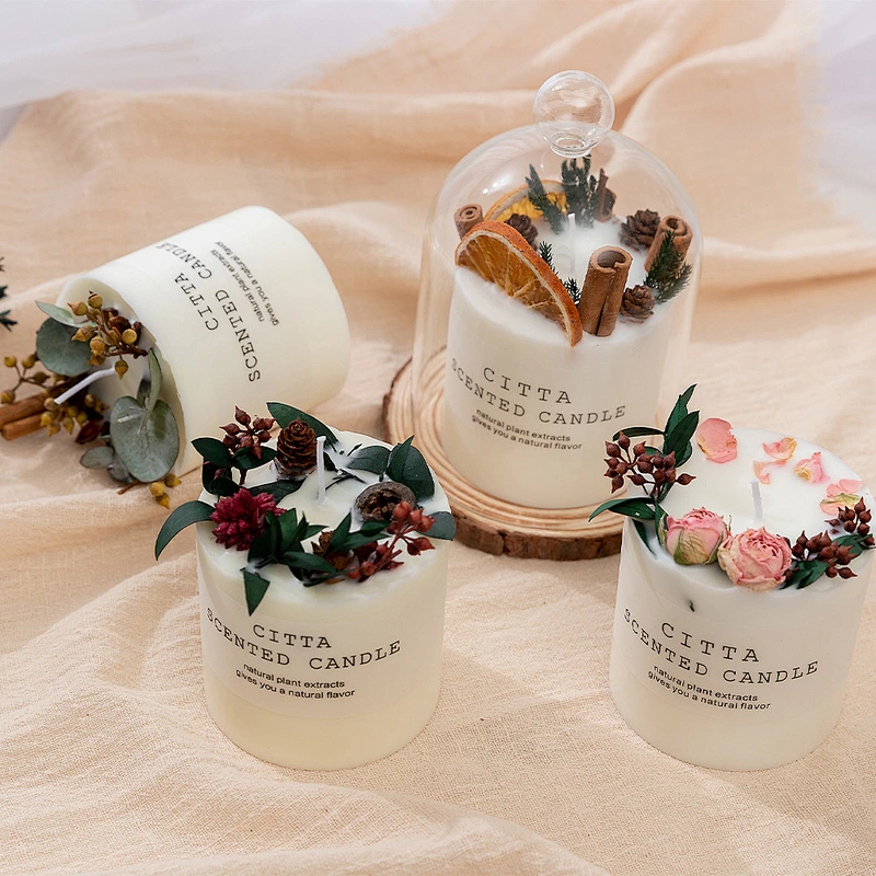 Fashion popular Custom Creative Gifts aroma candles high quality tray glass cover aroma dried flower candles
