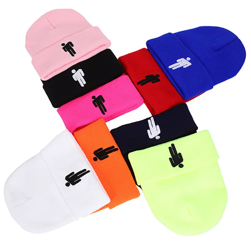 Wholesale Fashion adult custom embroidery logo billie eilish acrylic knitting beanie  winter hats
