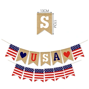 Hot sale USA flag Burlap Bunting banners Decorations American Independence Day White and Blue Theme Party Supplies