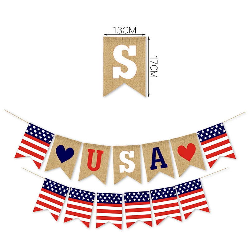 Hot sale USA flag Burlap Bunting banners Decorations American Independence Day White and Blue Theme Party Supplies