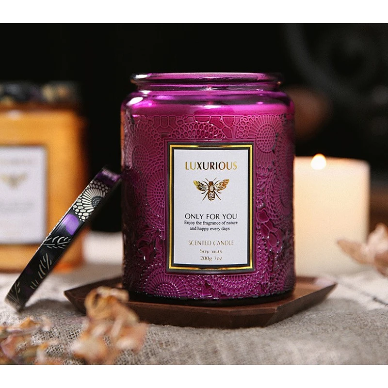 Wholesale DIY scented candle cup Embossed luxury candle jars Colored glass bottle with lid