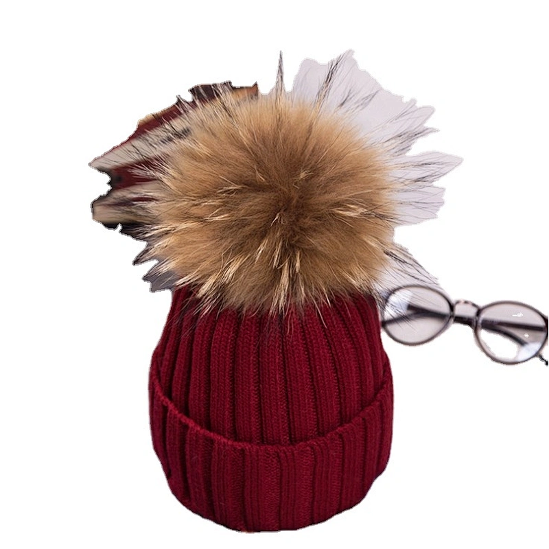 High Quality Removable Raccoon Fur Pompom Hats Rabbit Wool Knitted Girls hat Women Winter Knit Fur Hat