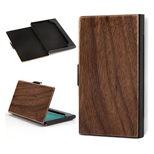 Customized business gift high classic laser carving logo wooden case metal business card holder