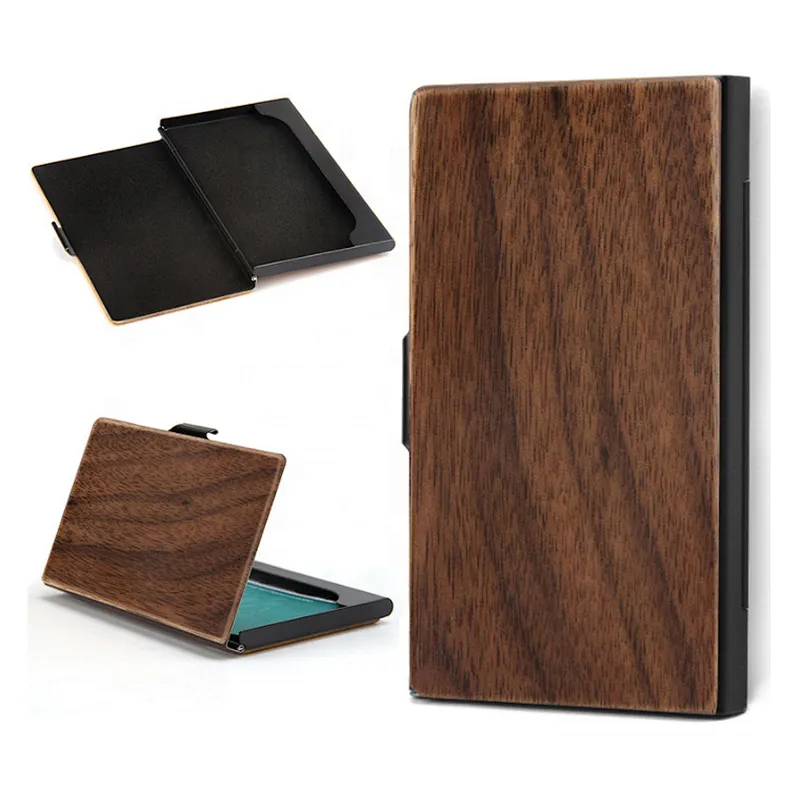 Customized business gift high classic laser carving logo wooden case metal business card holder