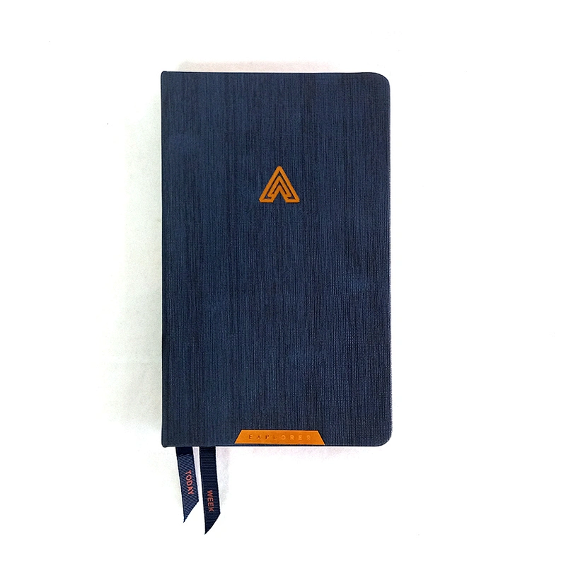 Custom high quality Elastic bands PU Leather Cbelt metal notebook 4C+4C printed double ribbon with hot stamping edge notebook
