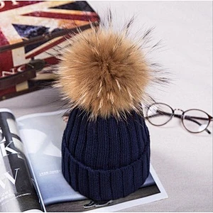 High Quality Removable Raccoon Fur Pompom Hats rabbit wool Knitted girls hat women winter knit fur hat