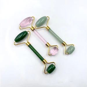 High Quality Custom Handheld Double Welded Rose Quartz Facial Massage Natural Jade Facial Roller