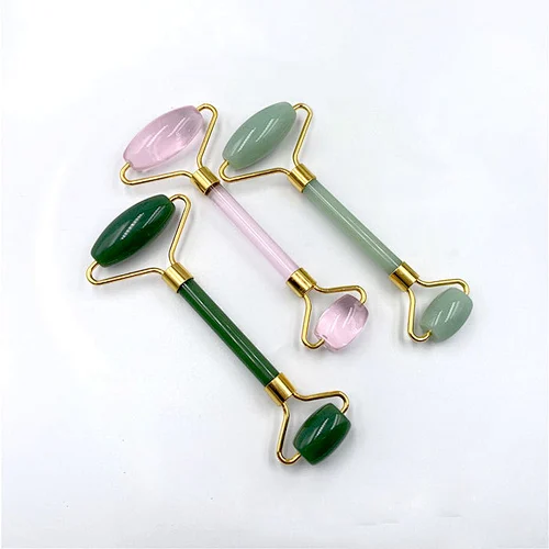 High Quality Custom Handheld Double Welded Rose Quartz Facial Massage Natural Jade Facial Roller