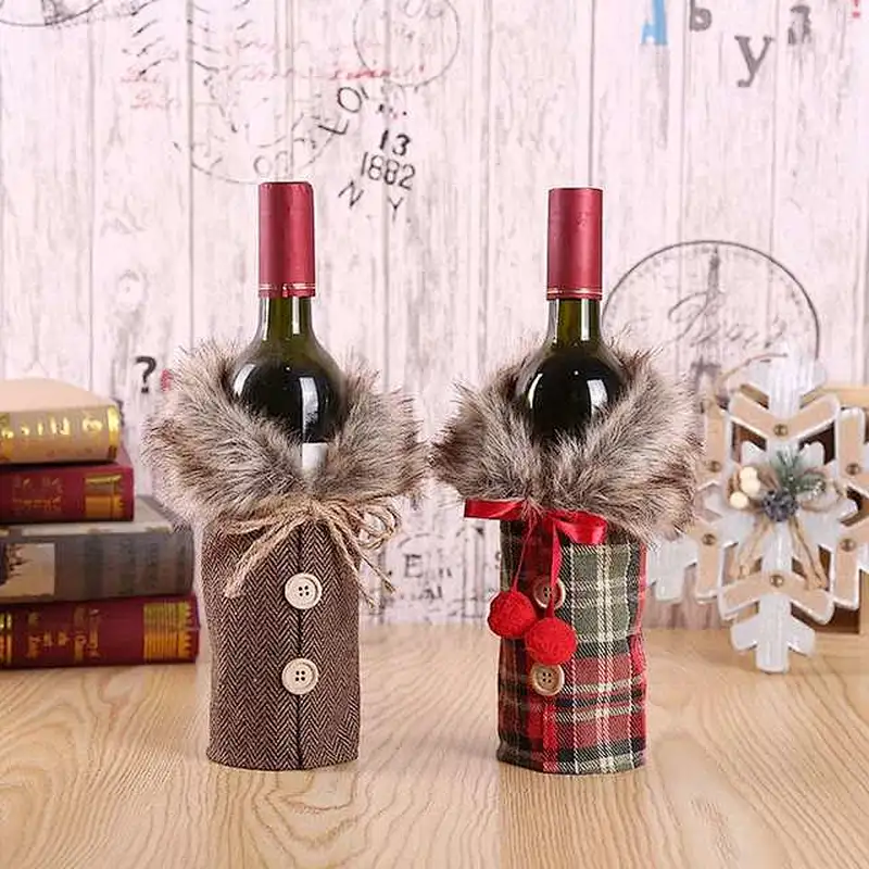 Christmas decorations new wine set holiday decoration props bowknot linen hair collar wine bottle set