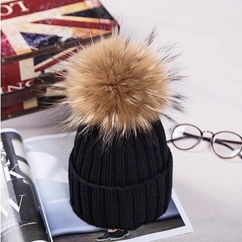 High Quality Removable Raccoon Fur Pompom Hats rabbit wool Knitted girls hat women winter knit fur hat