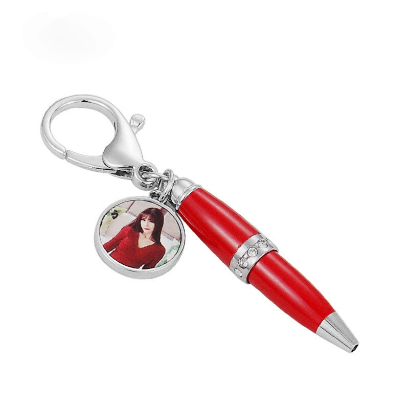 Promotional gift creative mini metal diamond rotating signature pen with keychain and  blank photo custom ballpoint pen