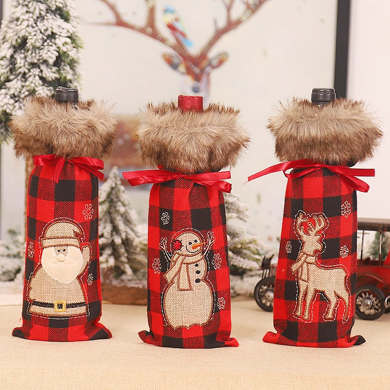 Christmas decoration magenta black cloth machine embroidered wool collar wine set red wine bag champagne set table decoration