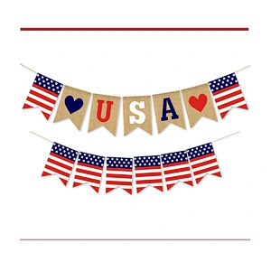 Hot sale USA flag Burlap Bunting Decorations American Independence Day White and Blue Theme Party Supplies