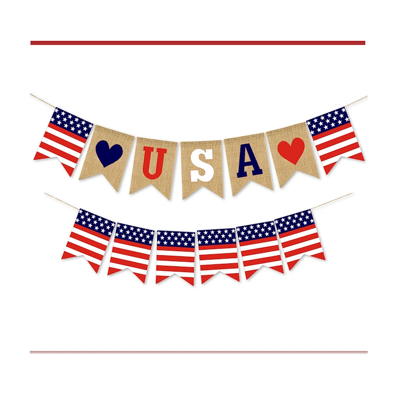 Hot sale USA flag Burlap Bunting Decorations American Independence Day White and Blue Theme Party Supplies