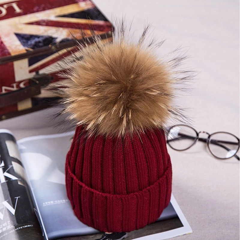 High Quality Removable Raccoon Fur Pompom Hats rabbit wool Knitted girls hat women winter knit fur hat