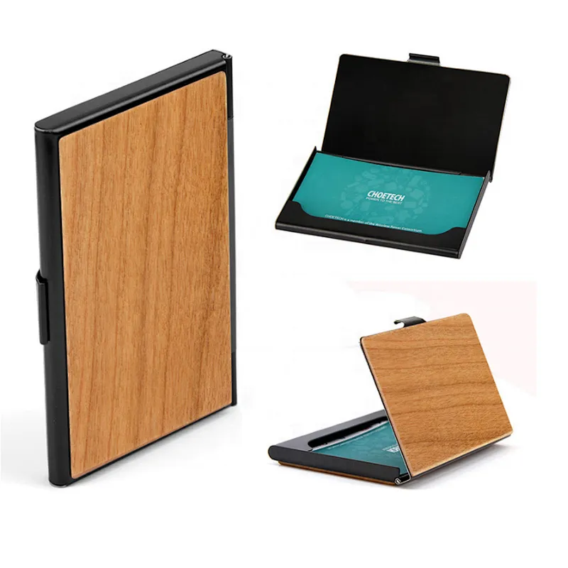 Customized business gift high classic laser carving logo wooden case metal business card holder