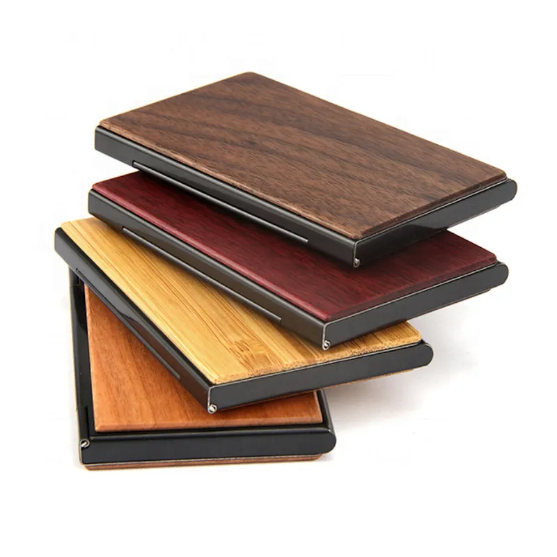 Customized business gift high classic laser carving logo wooden case metal business card holder