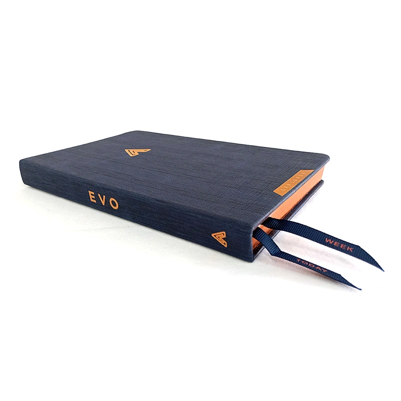 Custom high quality Elastic bands PU Leather Cbelt metal notebook 4C+4C printed double ribbon with hot stamping edge notebook