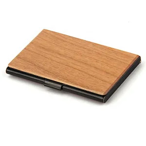 Customized business gift high classic laser carving logo wooden case metal business card holder