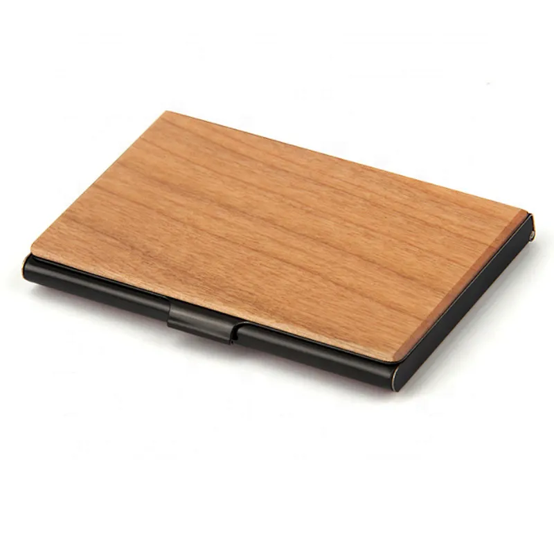 Customized business gift high classic laser carving logo wooden case metal business card holder