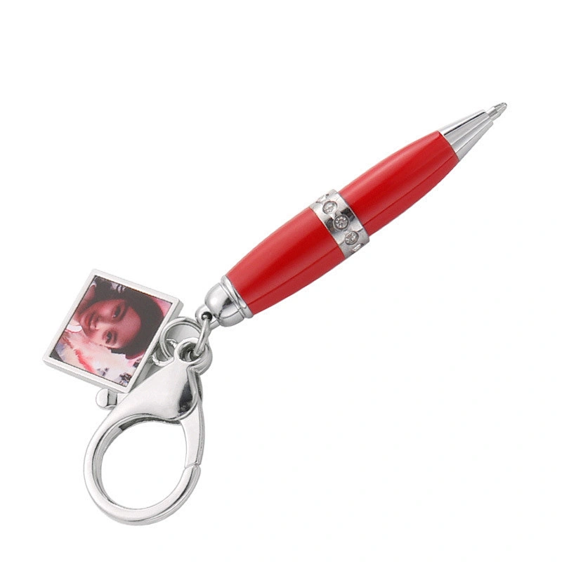 Promotional gift creative mini metal diamond rotating signature pen with keychain and  blank photo custom ballpoint pen