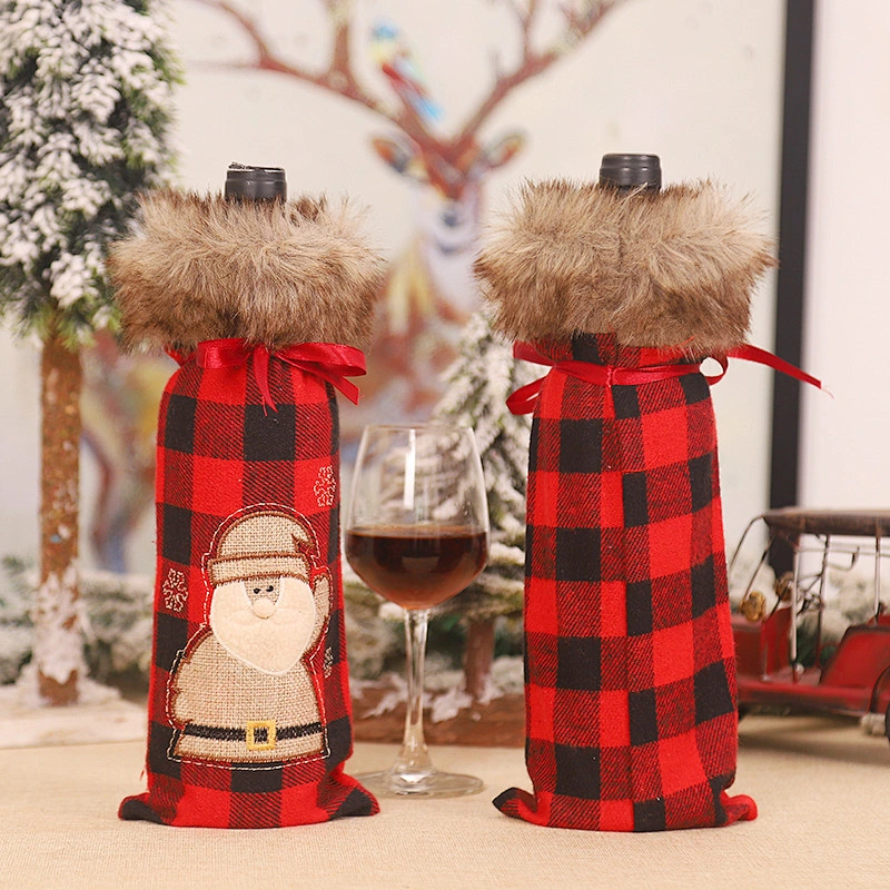 Christmas decoration magenta black cloth machine embroidered wool collar wine set red wine bag champagne set table decoration