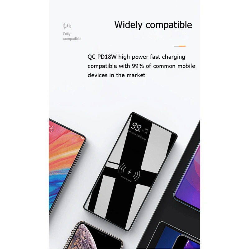 Fashion tempered glass surface mobile charger 10000 mah power bank  Wireless charging portable power bank