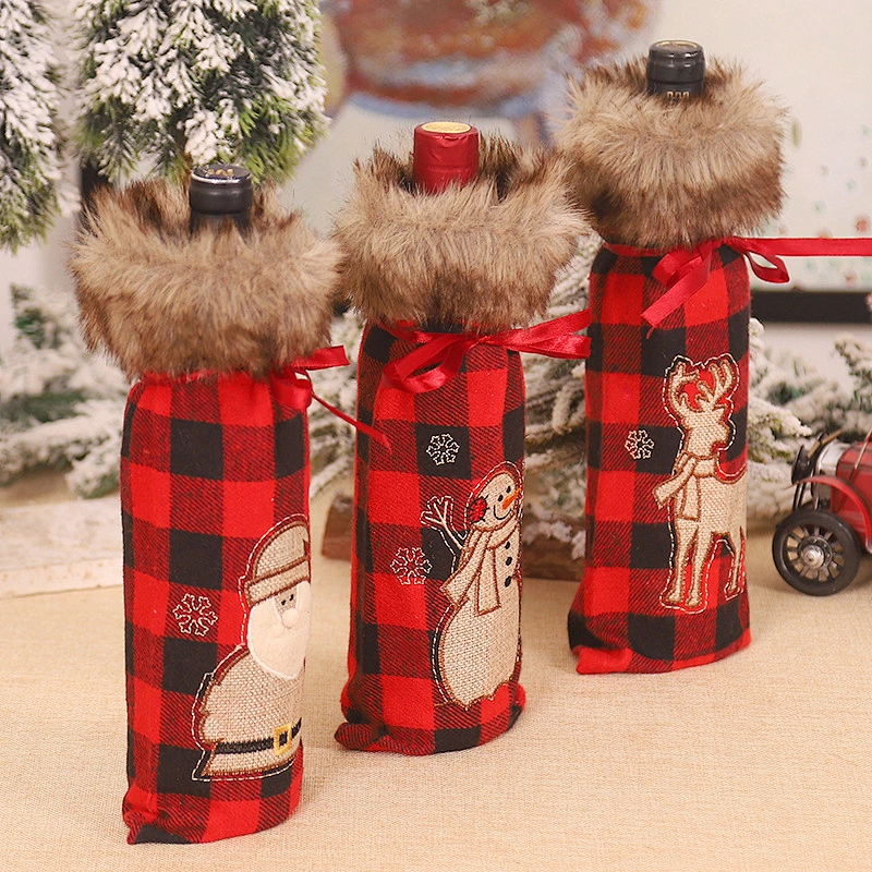 Christmas decoration magenta black cloth machine embroidered wool collar wine set red wine bag champagne set table decoration