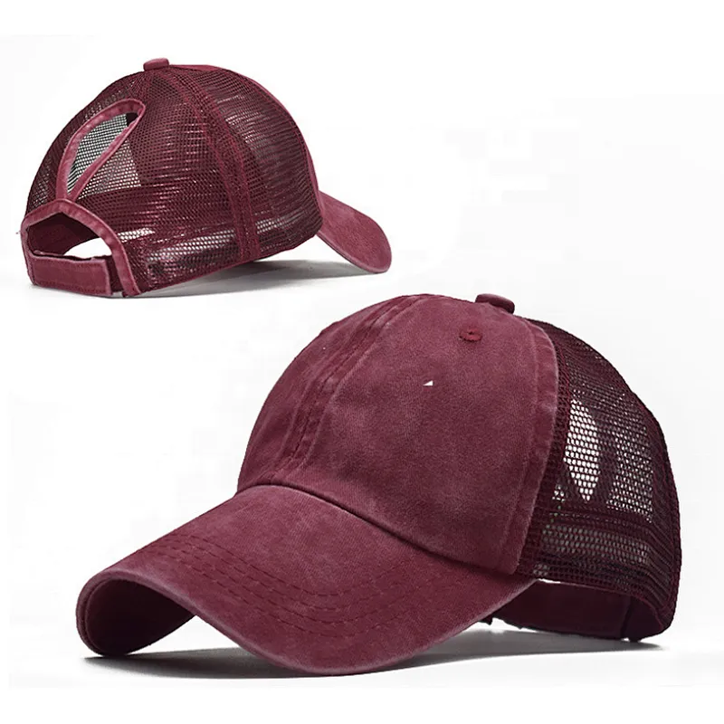 100% cotton 6 panels dyed stone washed baseball caps Custom brand /logo mesh ponytail snapback caps