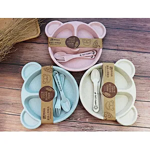 kids detached  bowl wheat straw PP material heat resisting healthy cartoon dinner ware children tableware with spoon fork