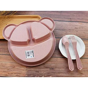 kids detached  bowl wheat straw PP material heat resisting healthy cartoon dinner ware children tableware with spoon fork