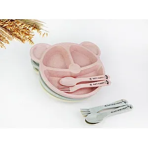 kids detached  bowl wheat straw PP material heat resisting healthy cartoon dinner ware children tableware with spoon fork
