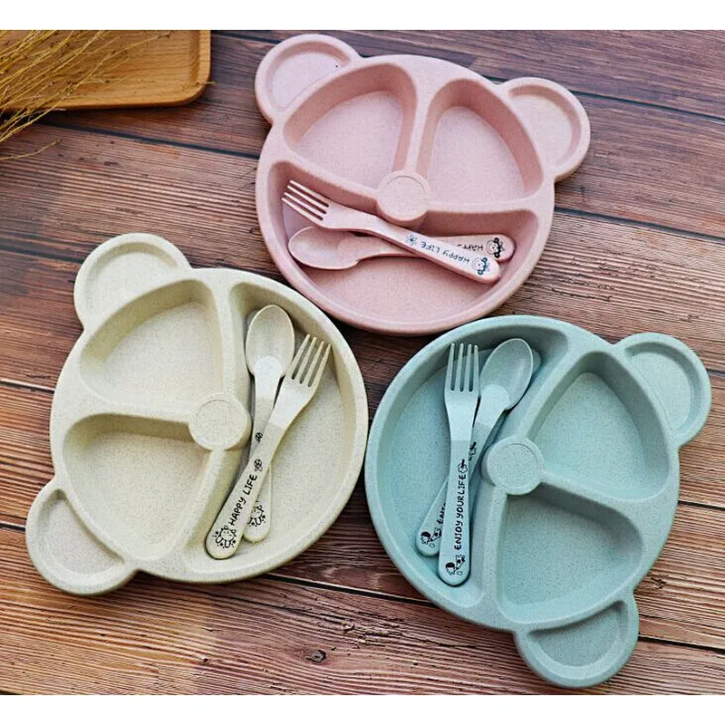 kids detached  bowl wheat straw PP material heat resisting healthy cartoon dinner ware children tableware with spoon fork