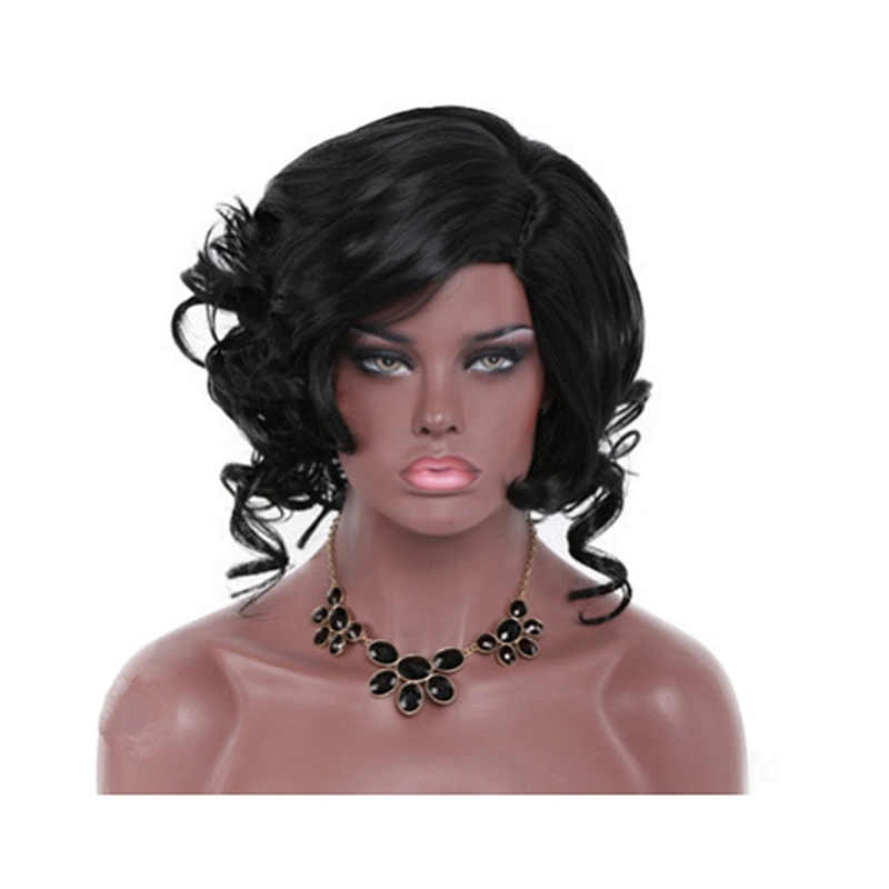 Hot Selling Popular Wig Black Slanted Banged Short Curly Hair Chemical Fiber Headgear