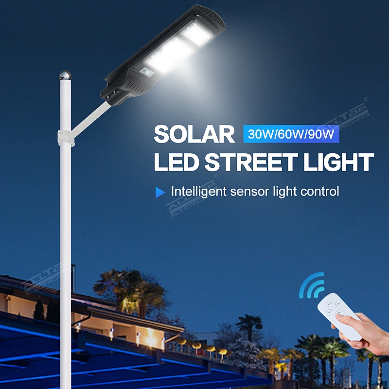 ALLTOP Hot Sale Ip65 Waterproof Outdoor Remote Control Motion Sensor 30W 60W 90W Integrated All In One Solar Led Street Light