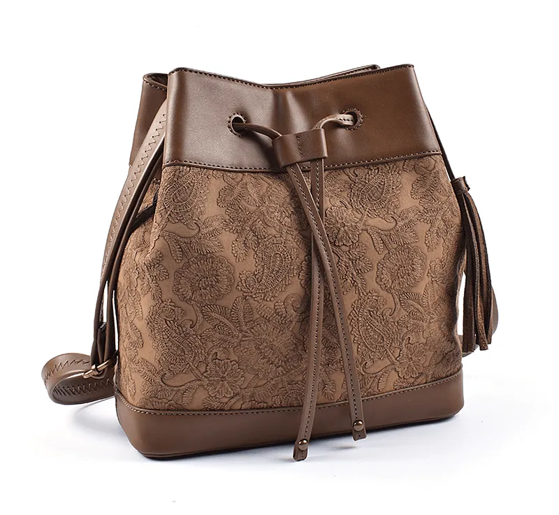 custom embossed pattern leather bucket shoulder bag suppliers