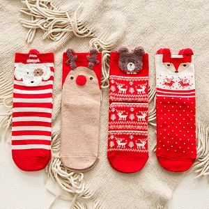 Colorful cotton tube red socks cartoon elk christmas women socks