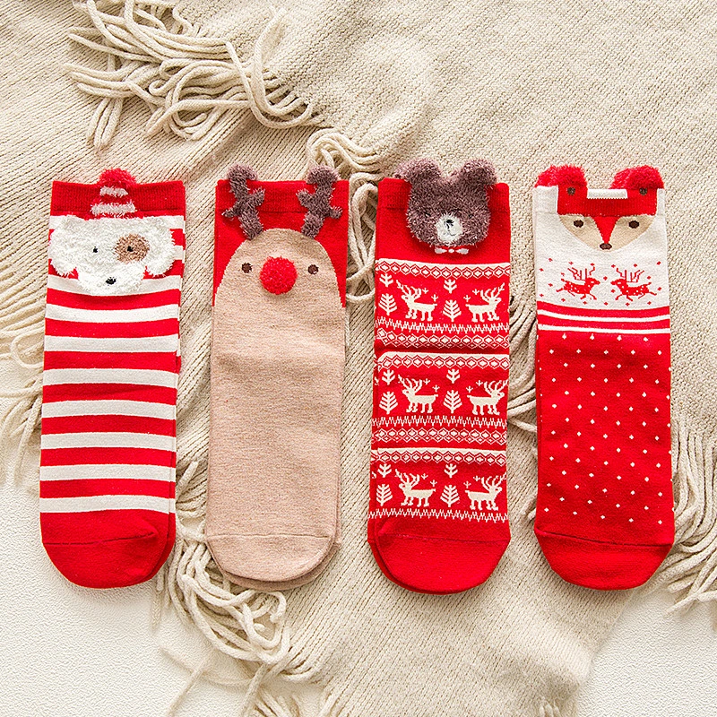 Colorful cotton tube red socks cartoon elk christmas women socks
