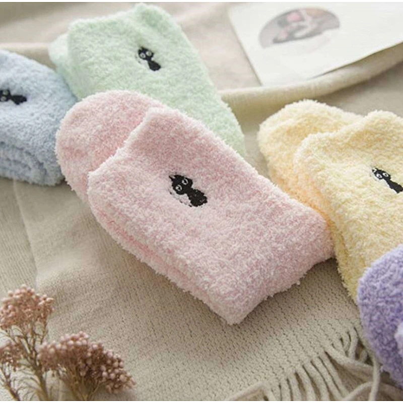 Custom women japanese new coral fleece socks embroidered black cat thick warm half velvet tube fuzzy floor socks