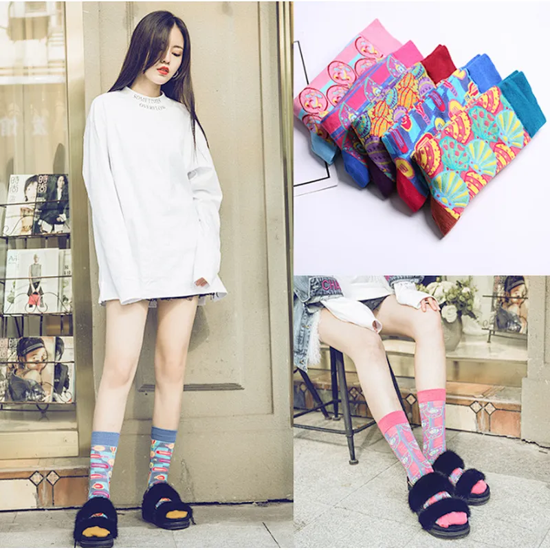 2020 new cotton women socks cartoon harajuku style silk jacquard socks
