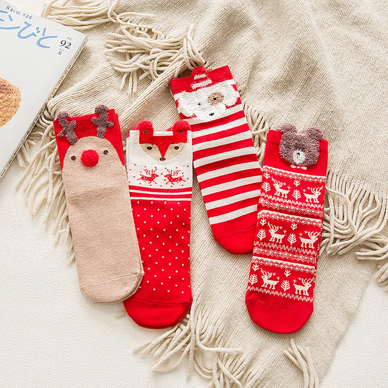 Colorful cotton tube red socks cartoon elk christmas women socks