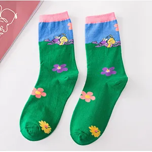 Teen young girls tube socks cotton cartoon socks flower doodle casual sports socks