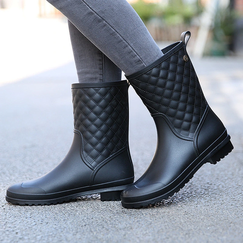 New Lattice Casual Fashion Mid-Tube Waterproof Rain Boots Women Black Adult Rain Boots