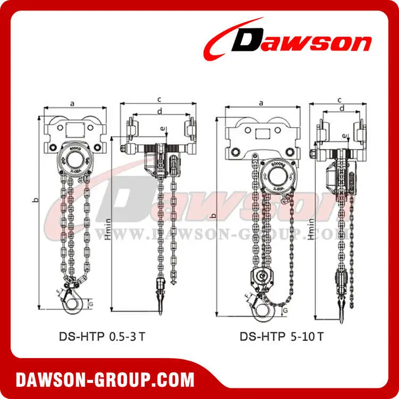 DS-HTP 0.5T - 10T Hand Pull Trolley Hoist Combination, Low Headroom Hoist Trolley