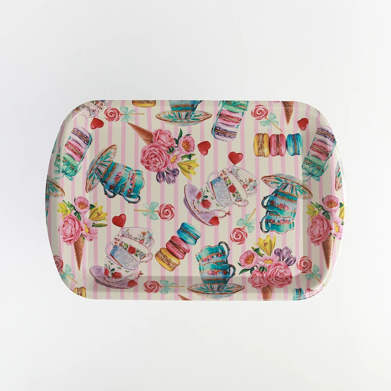 promotion gift tray for christmas rectangular food  plastic handle tray printed flowers plastic tray