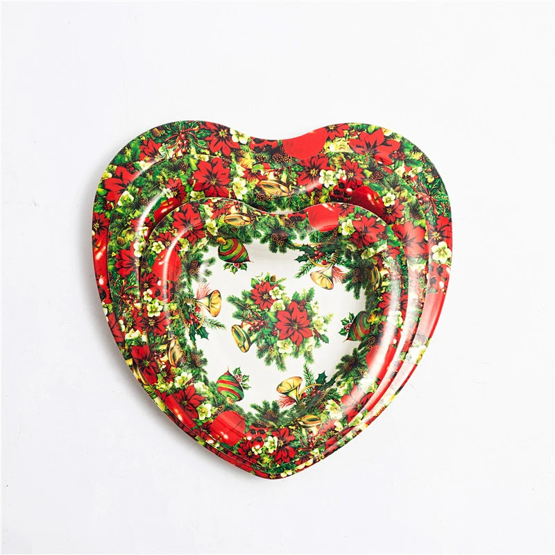 Heart shape plastic serving tray,western design christmas printed plastic tray,special holiday plastic serving tray