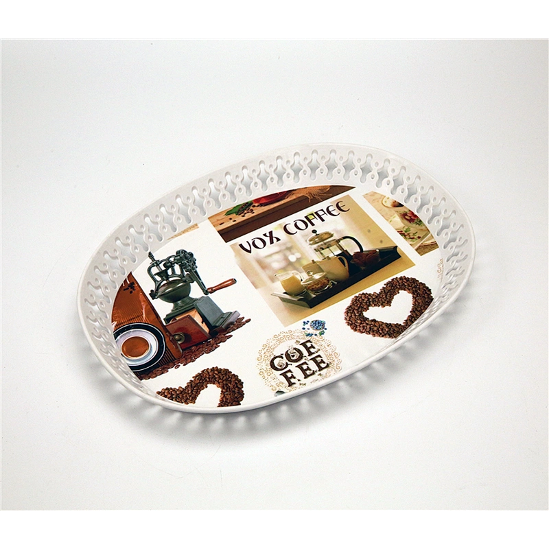 Beautiful oval dinner plastic food tray,hollow out decorative beautiful flowers plastic food serving tray