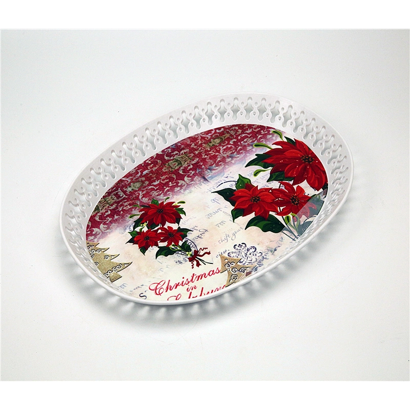 Beautiful oval dinner plastic food tray,hollow out decorative beautiful flowers plastic food serving tray