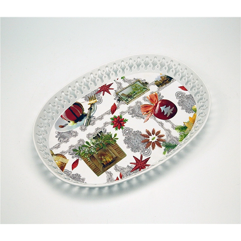 Beautiful oval dinner plastic food tray,hollow out decorative beautiful flowers plastic food serving tray